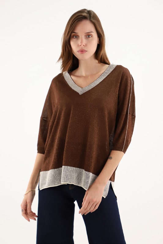 Maud and Sacha contrast trim jumper, brown