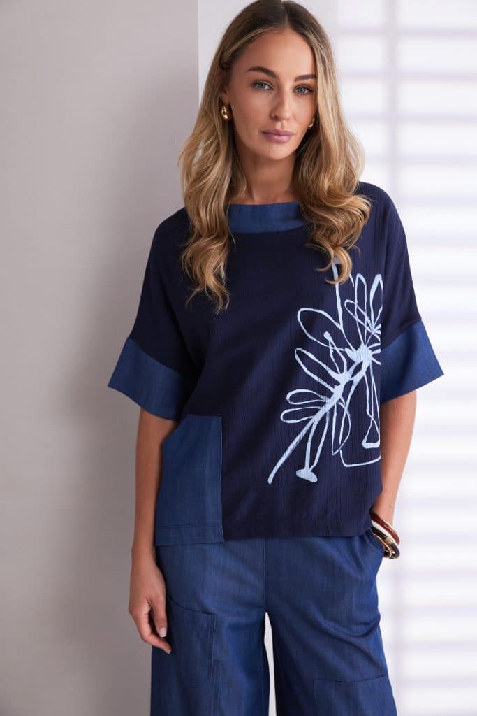 Naya denim look placement print top